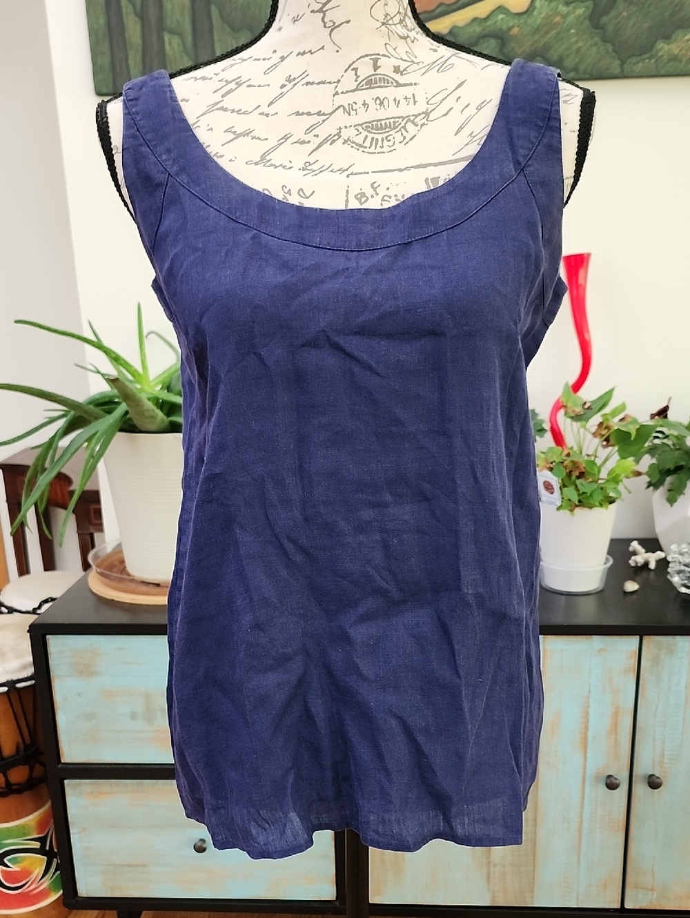 Luciano Barbera Navy Linen Scoop Neck Tank